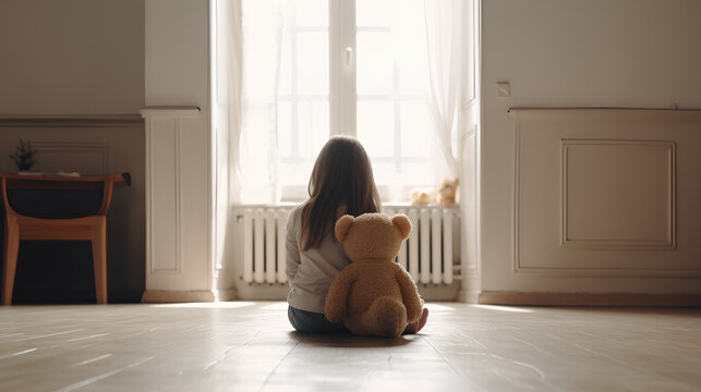 Little girl with teddy bear sitting on floor in empty room. Autism concept 
