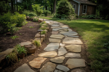 Stone block walk path in the backyard.
