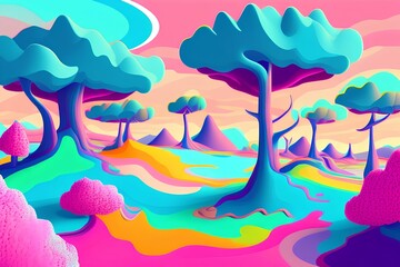 Fototapeta na wymiar Surreal landscape with abstract, colorful, multi-colored trees and clouds, melting islands close to the ground. dreamy surreal fan - generative ai