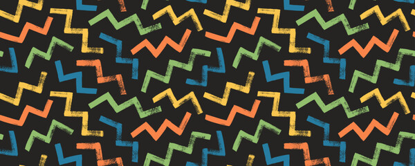 Multi colored zigzag seamless pattern. Brush drawn bold curved stripes. Geometric horizontal banner with zigzag bold lines. Colorful abstract grunge vector seamless pattern. Modern graphic background.