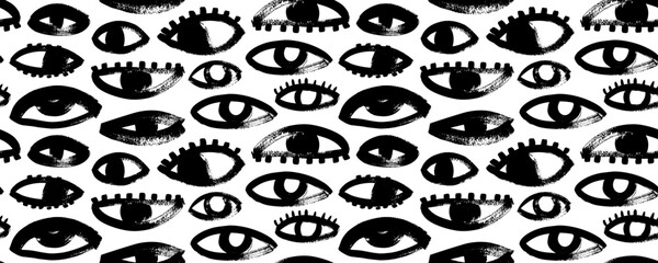 Brush drawn eyes seamless pattern. Hand drawn vector ornament with various opened eyes. Modern hipster style, primitive or naive drawing. Cartoon seamless pattern with parts of faces.
