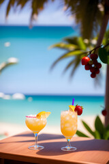 Obraz premium Cocktails on a tropical beach with palm trees and turquoise water. Summer vacation concept. Teasty cocktail. Beautyful background. Generative AI technology.
