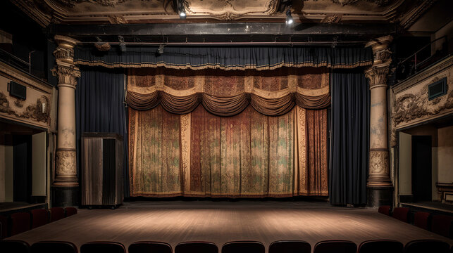 Empty, Old, Abandoned, 1920s Theatre Stage With Curtains 