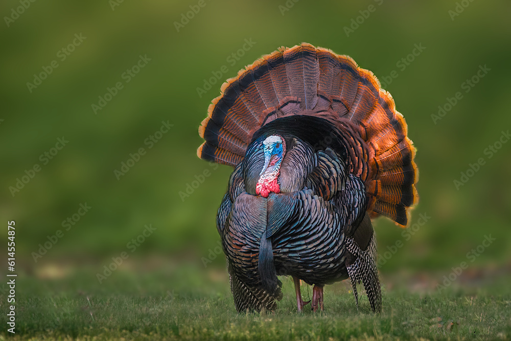 Wall mural portrait of a wild turkey in display on grass with the forest in the background