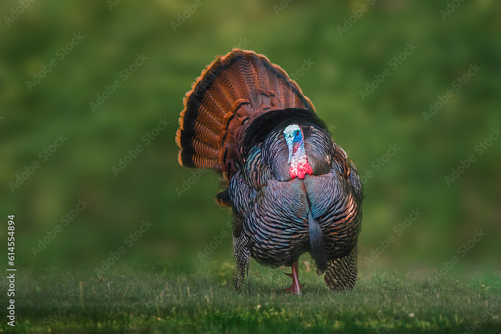 Wall mural portrait of a wild turkey in display on grass with the forest in the background