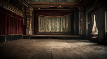 Empty, old, abandoned, 1920s theatre stage with curtains 