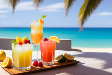 Obraz premium Cocktails on a tropical beach with palm trees and turquoise water. Summer vacation concept. Teasty cocktail. Beautyful background. Generative AI technology.