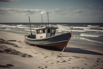 Naklejka na ściany i meble Fishing boat at the beach of baltic sea.