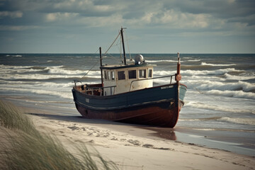 Naklejka na ściany i meble Fishing boat at the beach of baltic sea.