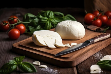 Sliced mozzarella with knife on wooden board. 