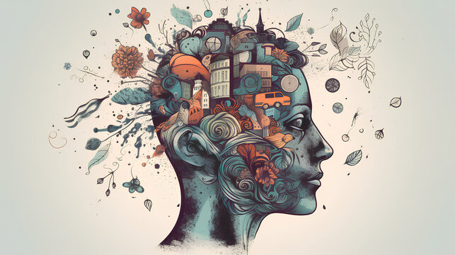 Illustration concept of a creative mind, head, brain 