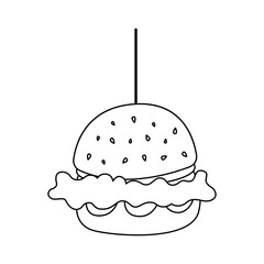 Cartoon chicken burger fast food doodle. Outline burger, street food concept, line art, sketch, template. Black and white icon. Hand drawn illustration isolated on white background.