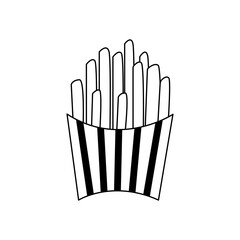 Cartoon french fries fast food doodle. Outline potato chips, street food concept, line art, sketch, template. Black and white icon. Hand drawn illustration isolated on white background.