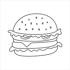 Cartoon hamburger fast food doodle. Outline burger, street food concept, line art, sketch, template. Black and white icon. Hand drawn illustration isolated on white background.