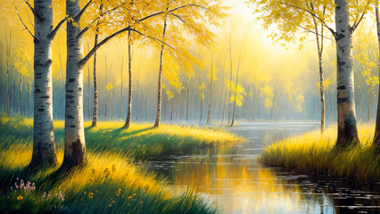 Watercolor painting depicting a summer forest landscape.Digital creative designer art drawing.AI illustration