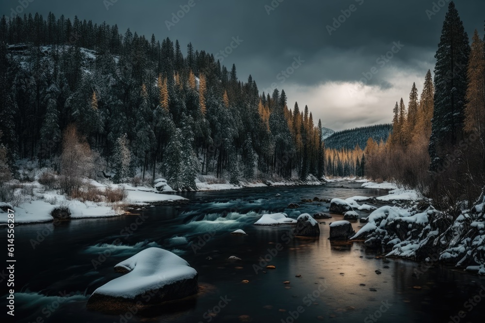 Poster wintry river scene with snow-covered trees and cloudy sky. generative ai