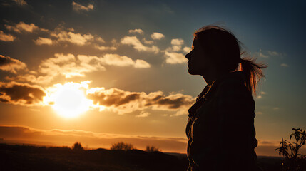 Silhouette of a tired and stressed woman against the sky, sun