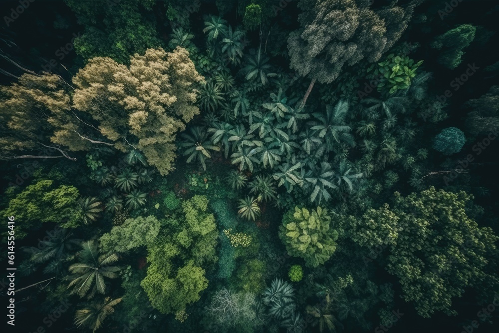 Poster expansive forest as seen from above with a canopy of lush green trees. generative ai