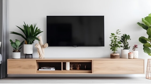 TV on the cabinet in modern living room with plant on white wall background