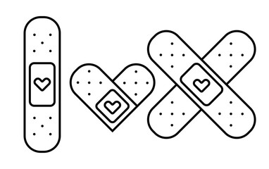 Medical cute illustration of band aid with a heart in outline style. Medical bandage plaster line icon. .