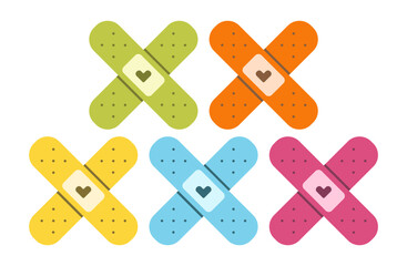 Flat cute set of band aids illustrations with hearts. Medical bandage collection of icons.