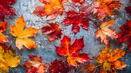 Naklejka na ściany i meble Background of autumn leaves frozen in ice, thanksgiving decoration, idea for a banner, AI generated