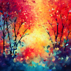 Watercolor painting polygon art depicting a beautiful autumn landscape. Modern impressionism. Generative AI
