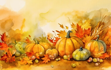 Naklejka na ściany i meble Watercolor drawing of pumpkins and autumn leaves, thanksgiving day banner idea, AI generated