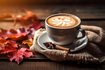 Autumn, fall leaves, hot cup of coffee and warm scarf on wooden table background. AI generative