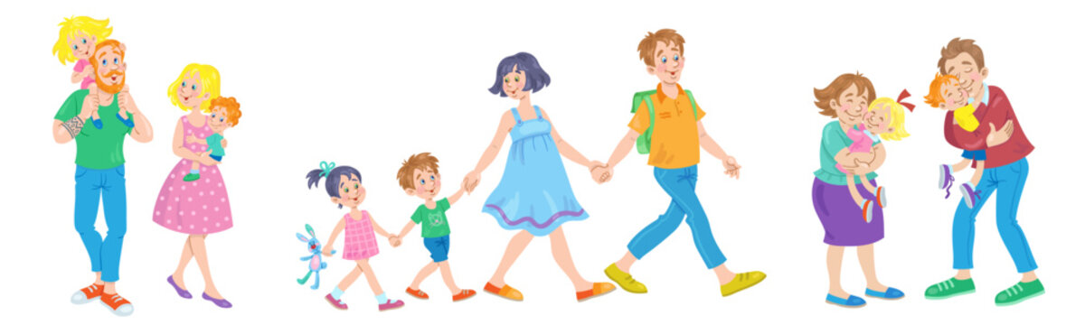 Happy family. Children and parents in different poses and relationships. In cartoon style. Isolated on white background. Vector illustration.