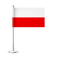 Polish table flag on a chrome steel pole. Souvenir from Poland. Desk flag made of paper or fabric and shiny metal stand. Mockup for promotion and advertising. Vector illustration