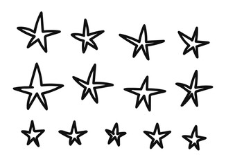 Doodle hand drawn star set. Cartoon stars in Y2K, futuristic scribble style, Outlined tattoo or clothes print sketch (Full Vector)