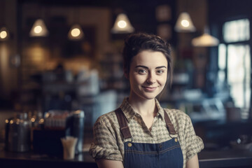 Portrait of a happy and smiling female waiter, or small business owner in the coffee shop. 