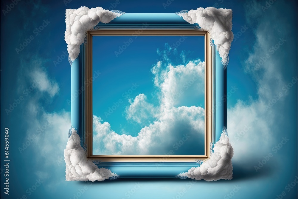 Poster frame isolated on white cloud background in the sky in square shape. concept of luxurious fantasy. f