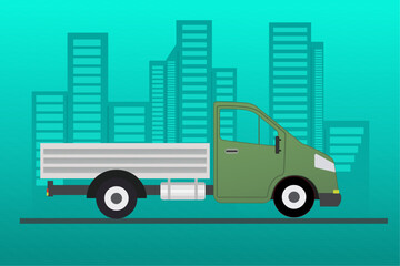 Fototapeta premium Green delivery van ships a parcel in a city. Concept of express delivery, online delivery service. Express free delivery from the warehouse by truck, Home and office. Vector illustration
