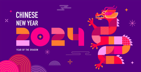 Lunar new year background, banner, Chinese New Year 2024 , Year of the Dragon. Geometric modern style