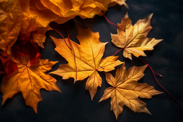 Fototapeta premium Maple autumn leaves lie, yellow, orange and green. AI generative