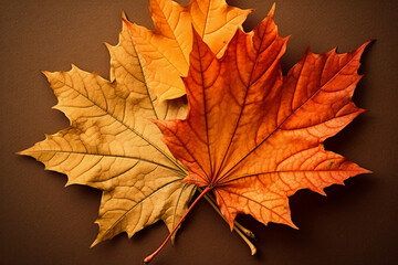 Fototapeta premium Maple autumn leaves lie, yellow, orange and green. AI generative