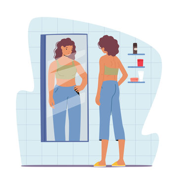 Woman Feel Guilty and Hate Appearance in Mirror Look herself Fat. Anorexia or Bulimia Concept, Vector Illustration