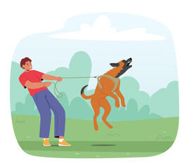 Owner Character Struggling To Control Aggressive Dog On Leash, Displaying Behavior Problems Cartoon Vector Illustration