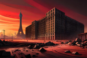A desolate aftermath of a nuclear bomb detonation, with twisted remnants of buildings silhouetted against a blood-red sky