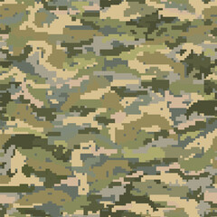 Professional seamless pixel summer camouflage. Camouflage seamless pattern. Trendy style camo, repeat print. Vector illustration. Khaki texture, military army green hunting