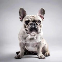 Cute French Bulldog dog sitting, front view, looking serious into the camera , pet  portrait, studio shot, beige small dog, Portrait image, matte photo, hight quality, sharp focus, isolated background