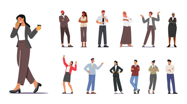 Diverse And Professional Business Characters Set, Depicting Men And Women In Various Occupations And Poses