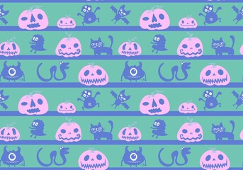 Halloween pumpkins seamless ghost and bones and cat pattern for wrapping paper and linens and fabrics