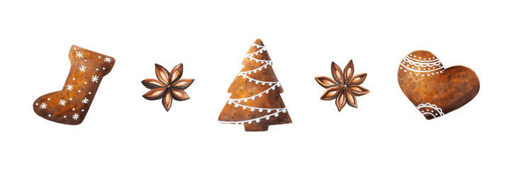 Watercolor Christmas crispy gingerbread cookies with icing and anise stars. New year hand painting spices isolated on white background. For designers, food decoration, men