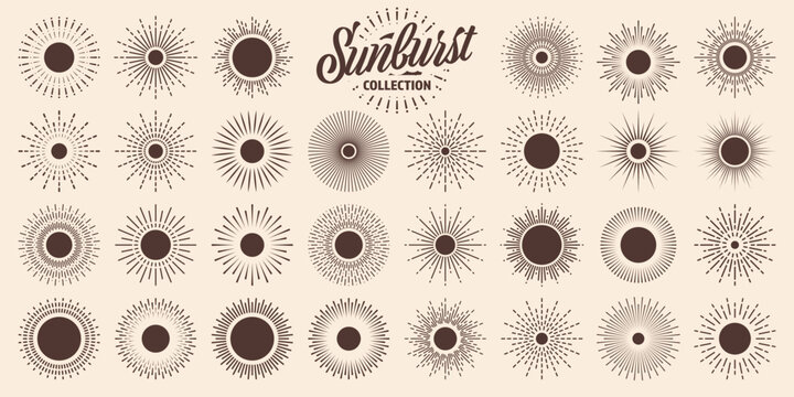 Vintage Sunburst, Sunset Beams Collection. Hand Drawn Bursting Sun, Light Rays. Logotype Or Lettering Design Element In Retro Style. Vector Illustration