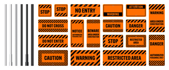 Warning, danger signs, attention banners with metal poles. Orange caution sign, construction site signage. Notice signboard, warning banner, road shield. Vector illustration