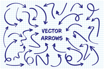Hand drawn arrows on checkered paper sheet. School notebook for drawing. Doodle arrow icon, simple monochrome pointer silhouettes. Outline, line art. Vector illustration