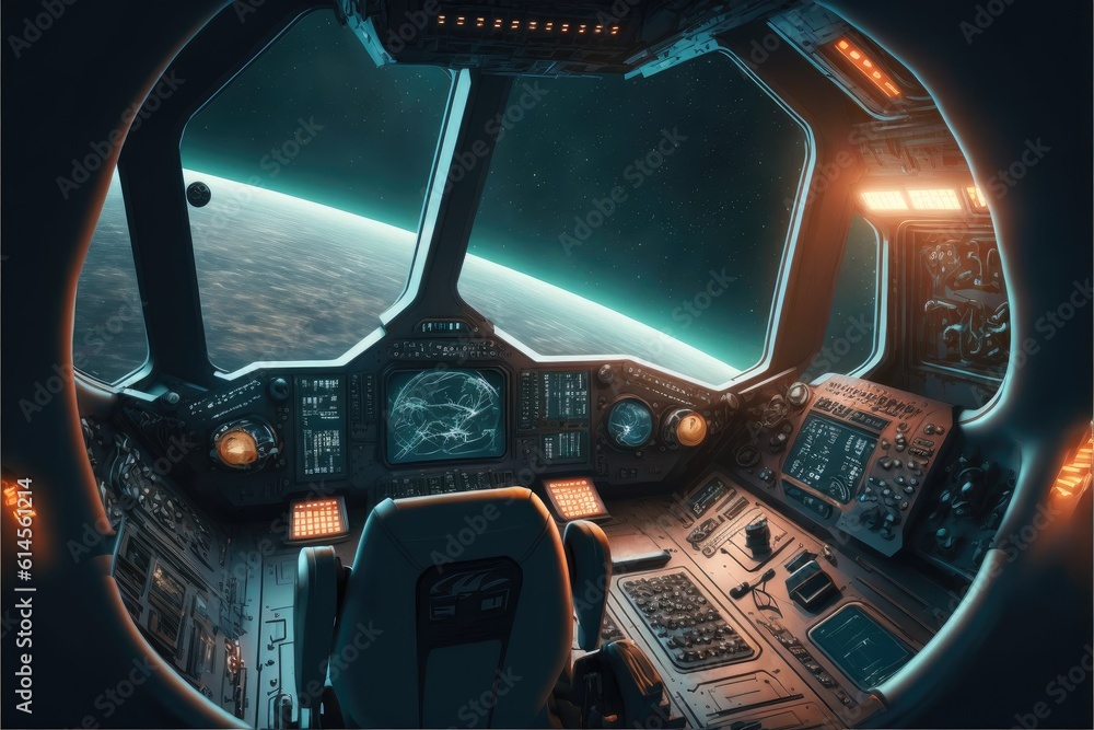 Poster outer view of cockpit spaceship window with control system room. abstract discover new planet in spa